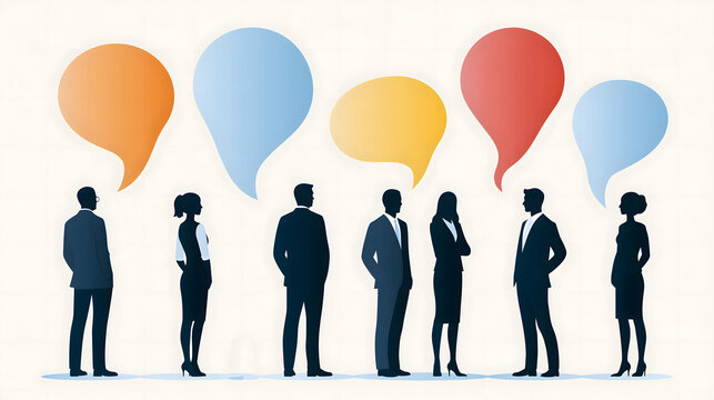 Silhouettes of diverse business professionals standing beneath colorful abstract speech bubbles, communication and collaboration concept, minimalist corporate illustration, clean light background,