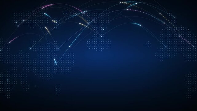 Global network connections visualized with glowing lines and dots on a digital world map background