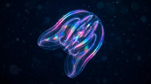 Bioluminescent comb jelly drifting in deep dark ocean water