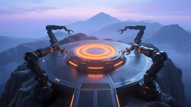 Floating tech platform over mountains