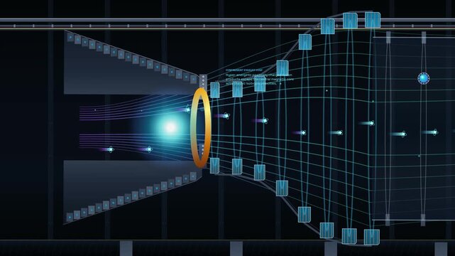 Schematic 3D animation of an inverse magnetic particle decelerator showing charged particles moving through magnetic fields to harvest thermodynamic energy in a futuristic physics concept