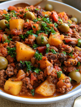 Cuban picadillo beef stew with potatoes and olives