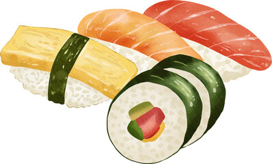 Watercolor Illustration of Assorted Sushi Nigiri and Maki Rolls with Salmon and Tamagoyaki © nabilahcholila
