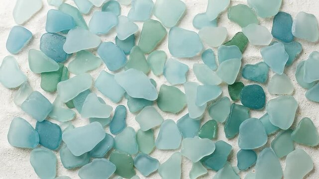 Sea glass pieces arranged on white sand background from above