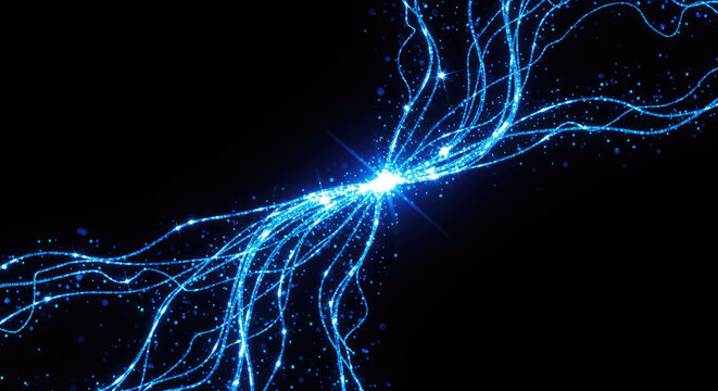 A vibrant, energetic burst of blue light emanates from a central point, spreading outwards in a complex network of glowing lines and sparks.