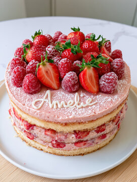 Strawberry raspberry fruit cake with amelie icing