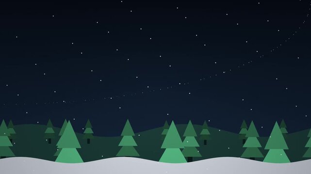 4K motion graphic animation of a stylized winter night forest with pine trees, falling snow, and stars. Ideal for Christmas greetings and holiday projects.