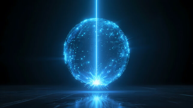 Glowing blue particle sphere in dark space