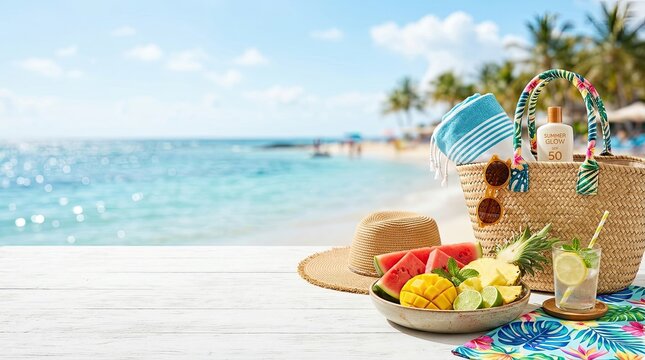 A woman relaxes on a beach with a straw basket filled with summer essentials. The basket contains a sunscreen bottle, sunglasses, a hat, a towel, a pineapple, mango slices, and a lime.