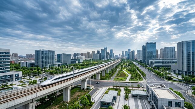 A high-angle photograph captures a sprawling cityscape dominated by modern skyscrapers and a high-speed maglev train speeding along an elevated track.