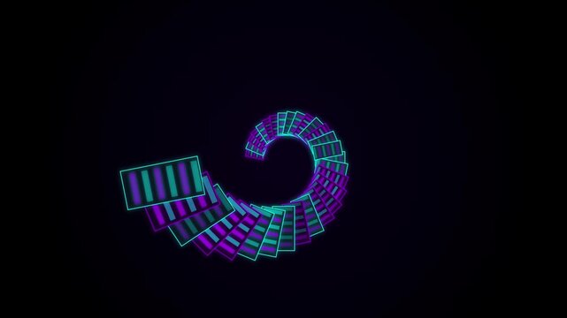Neon spiral pattern of glowing rectangular panels