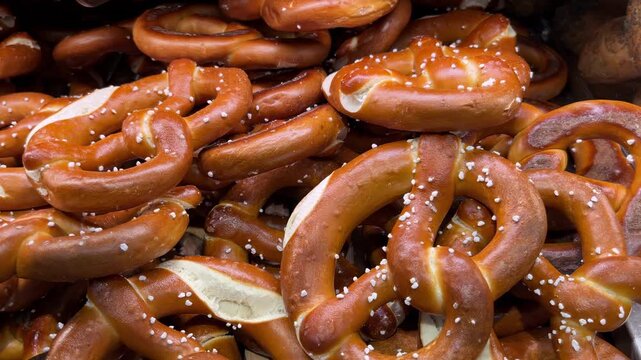 selective focus close up of traditional german pretzels on bakery display