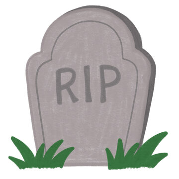 Cute hand drawn crayon texture spooky gravestone tombstone with RIP text and green grass illustration, rough wax pastel Halloween graveyard headstone isolated on transparent background PNG clipart for
