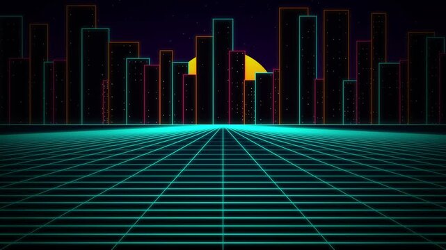 Retro synthwave cityscape with glowing grid horizon
