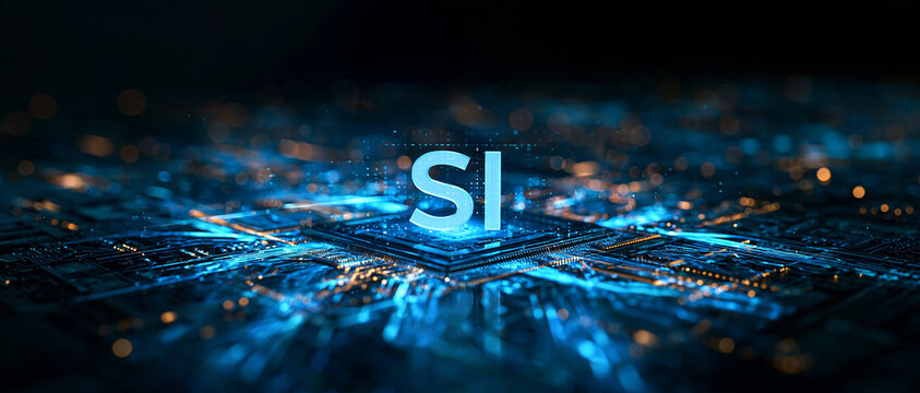 Glowing blue SI symbol representing superintelligence emerging from an advanced electronic circuit board, illustrating concepts of artificial intelligence, future technology, and digital