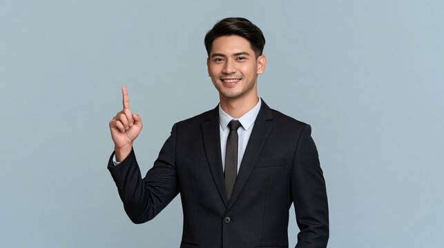 Asian businessman in black suit raising index finger with confident expression against blue background