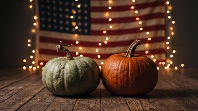 Two autumn pumpkins on wooden table with string lights and striped flag