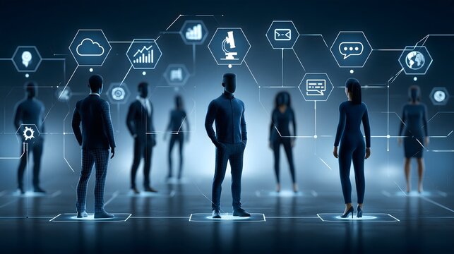 Futuristic business communication network with human silhouettes surrounded by glowing icons for cloud computing, analytics, messaging and global connectivity, sophisticated 3D corporate illustration,