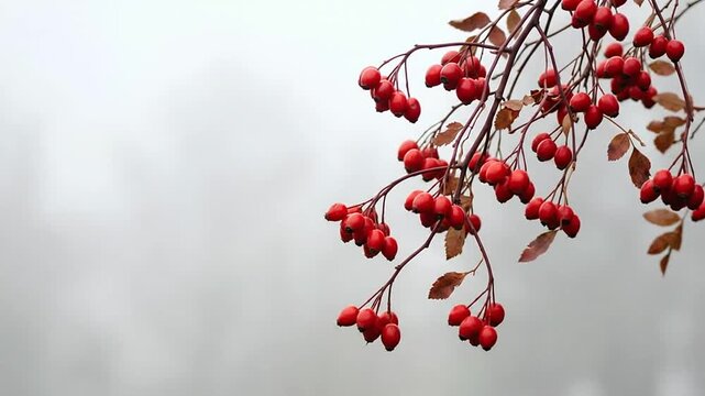 Close up shot of vibrant red rose hips hanging on thin branches against a pale grey winter sky background