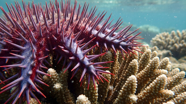 Crown-of-thorns starfish feeding on hard coral reef structure