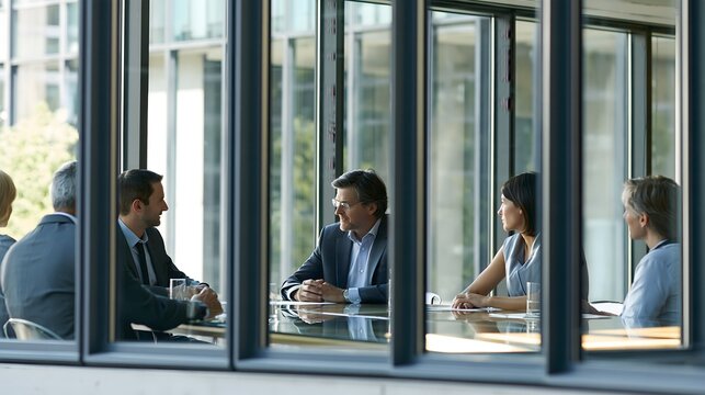 Corporate meeting viewed through glass walls, diverse professionals discussing a major project, dramatic architectural perspective, soft reflections, premium editorial business photography,
