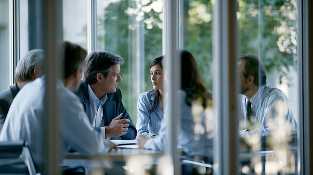 Corporate meeting viewed through glass walls, diverse professionals discussing a major project, dramatic architectural perspective, soft reflections, premium editorial business photography,