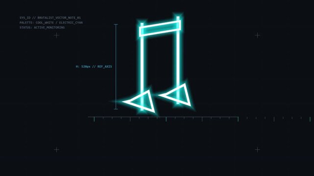 Cyan brutalist vector music note animation with technical grid lines