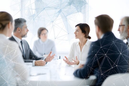 Business professionals exchanging ideas around a roundtable, subtle colorful abstract network pattern in the background, teamwork and innovation concept, clean modern commercial photography,