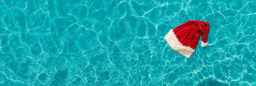 Overhead view of a santa hat floating on the surface of a turquoise pool