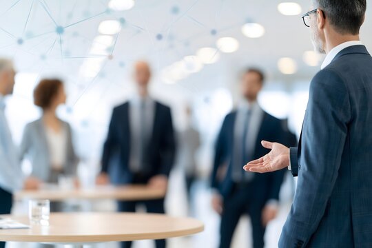 Business professionals exchanging ideas around a roundtable, subtle colorful abstract network pattern in the background, teamwork and innovation concept, clean modern commercial photography,