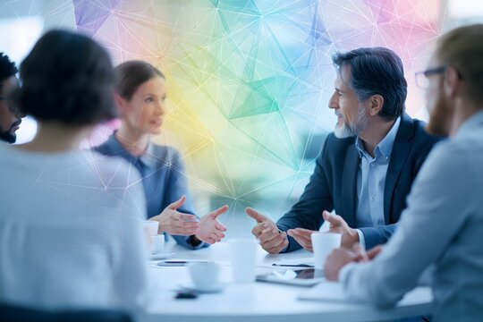 Business professionals exchanging ideas around a roundtable, subtle colorful abstract network pattern in the background, teamwork and innovation concept, clean modern commercial photography,