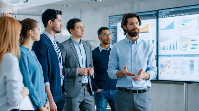 Business strategy workshop with diverse employees standing around a large digital screen, charts and abstract data visualizations, modern innovation center, realistic commercial photography,