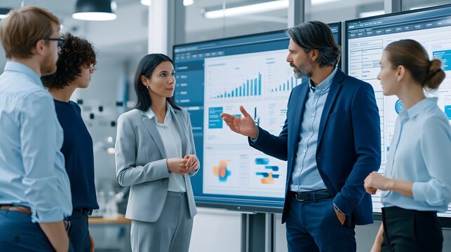 Business strategy workshop with diverse employees standing around a large digital screen, charts and abstract data visualizations, modern innovation center, realistic commercial photography,
