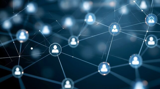 Abstract digital business ecosystem showing interconnected professionals, communication nodes, cloud services, analytics and global connections, elegant blue gradient background, sophisticated 3D