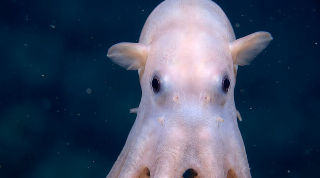 Cute dumbo octopus with large fin ears looking forward in deep ocean