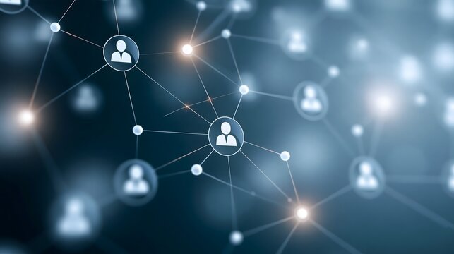Abstract digital business ecosystem showing interconnected professionals, communication nodes, cloud services, analytics and global connections, elegant blue gradient background, sophisticated 3D