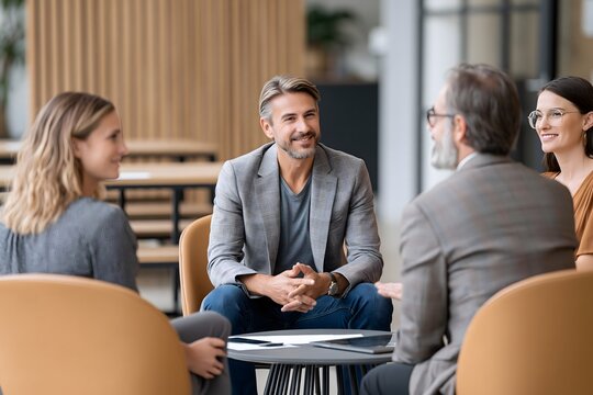 Diverse team of professionals having an informal business discussion in a bright modern coworking space, natural gestures and authentic expressions, contemporary workplace lifestyle photography,