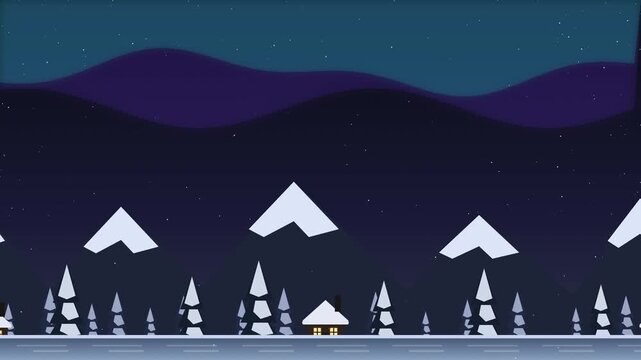 Minimalist flat vector winter night landscape with a small cozy cabin and stylized snowy pine trees under a dark starry sky
