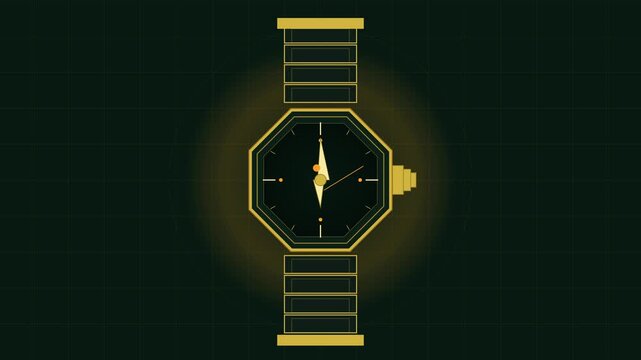 Golden Octagon Wristwatch Wireframe Animation on Dark Grid Background