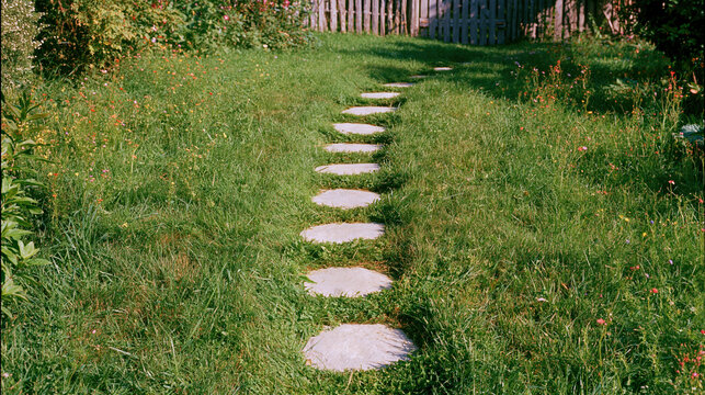 Natural backyard walkway with irregular white stone stepping path through tall green grass and wildflower meadow, creating peaceful garden setting