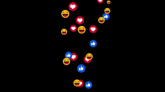 Social media live stream interaction floating laughing emoji thumbs up and love icons rising on black background 4K