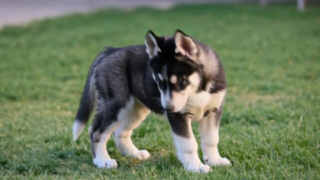 A black-and-white husky puppy trots across a sunlit grassy lawn, then pauses to look around and sniff the ground.