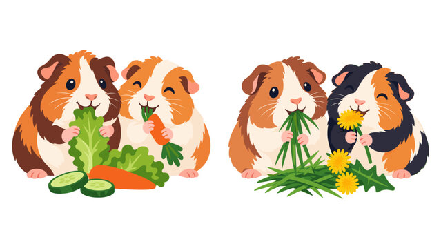 Cartoon guinea pigs eating vegetables and grass