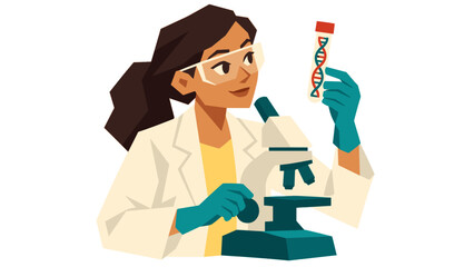 Naklejka na ściany i meble Woman scientist examining a DNA sample beside a microscope