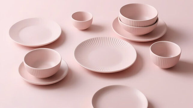 Pink ceramic tableware set on soft pink background