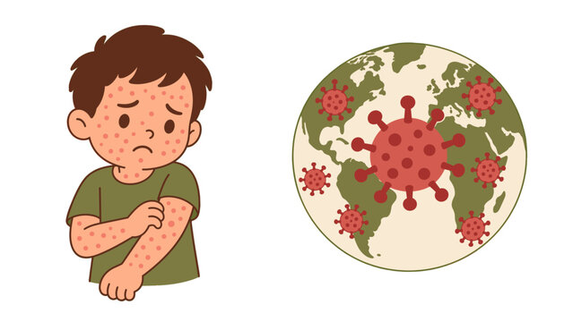 Child scratching a rash beside a virus-covered globe