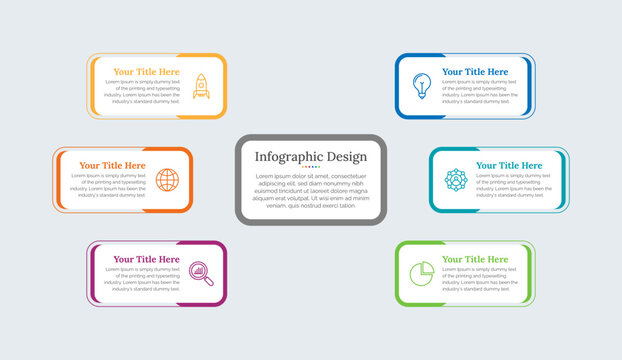 Infographic template with six options around a central hub, for business presentation, brochure, website.	Vector.