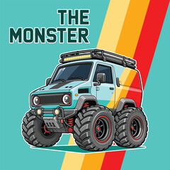 Cartoon monster truck vector illustration, light blue off-road 4x4 with big tires and roof rack on teal background with retro orange, yellow and red stripes, The Monster typography, t-shirt design © Ari