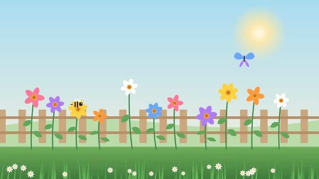Animated flower garden with growing plants, flying butterfly and bee pollinating on a sunny day