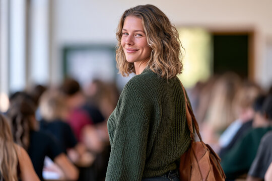 Female teacher walks between seated students during a school examination. Exam supervision, secondary education, classroom assessment, academic responsibility.